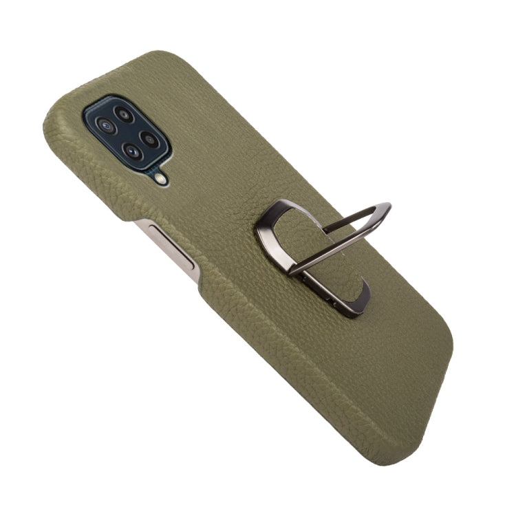 For Samsung Galaxy M32 Ring Holder Litchi Texture Genuine Leather Phone Case