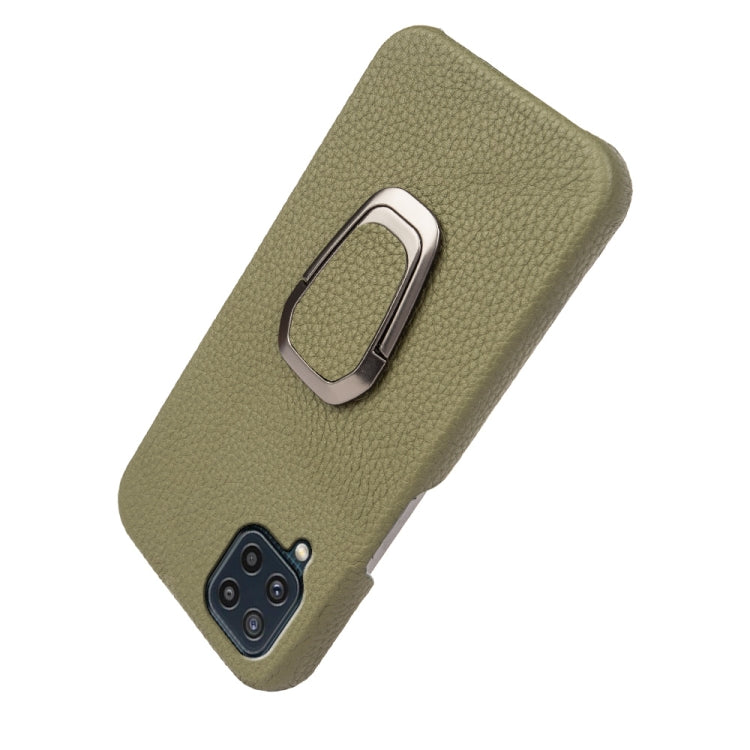For Samsung Galaxy M32 Ring Holder Litchi Texture Genuine Leather Phone Case