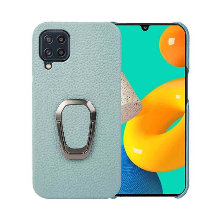 For Samsung Galaxy M32 Ring Holder Litchi Texture Genuine Leather Phone Case