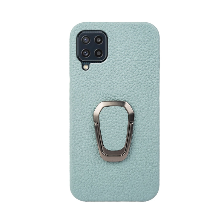 For Samsung Galaxy M32 Ring Holder Litchi Texture Genuine Leather Phone Case