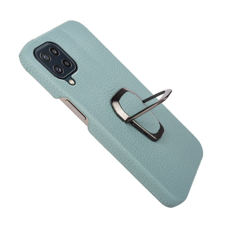 For Samsung Galaxy M32 Ring Holder Litchi Texture Genuine Leather Phone Case