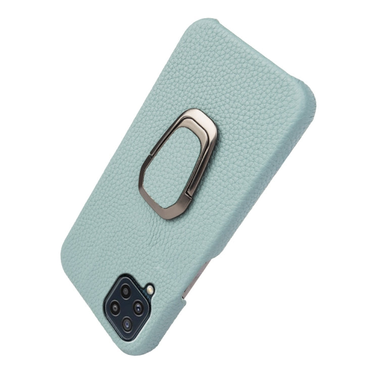 For Samsung Galaxy M32 Ring Holder Litchi Texture Genuine Leather Phone Case