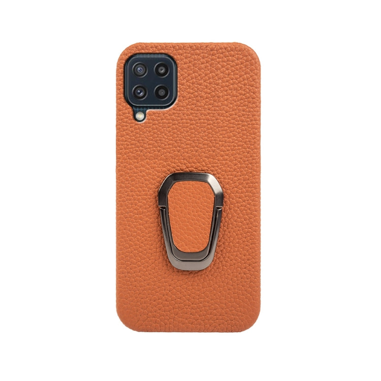 For Samsung Galaxy M32 Ring Holder Litchi Texture Genuine Leather Phone Case