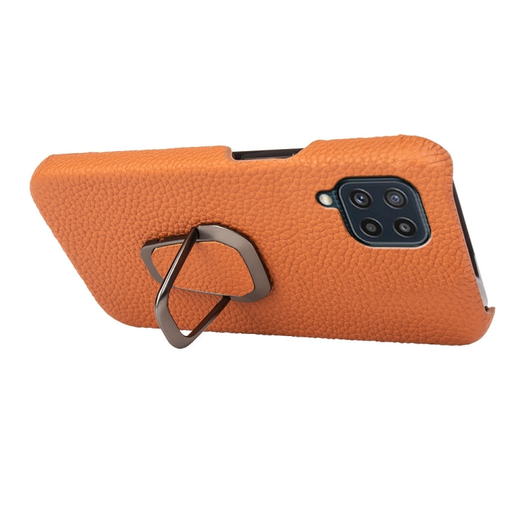 For Samsung Galaxy M32 Ring Holder Litchi Texture Genuine Leather Phone Case