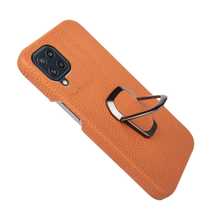 For Samsung Galaxy M32 Ring Holder Litchi Texture Genuine Leather Phone Case