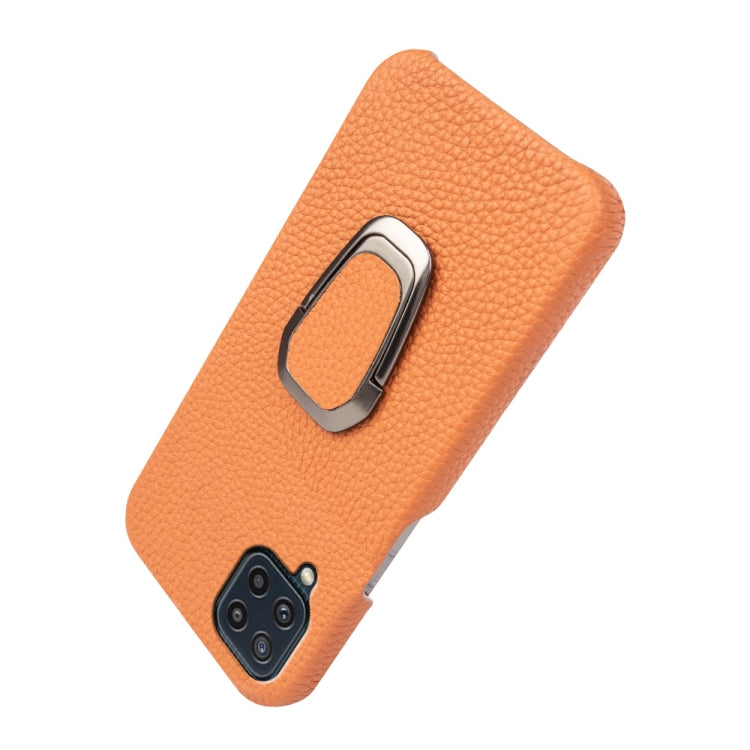 For Samsung Galaxy M32 Ring Holder Litchi Texture Genuine Leather Phone Case