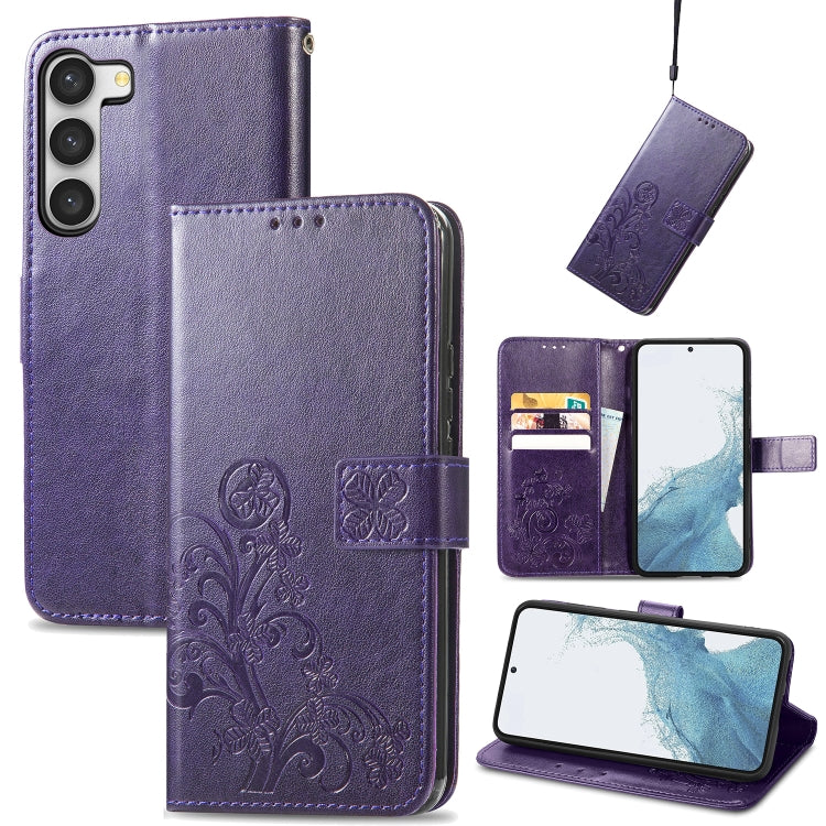 For Samsung Galaxy S23+ 5G Four-leaf Clasp Embossed Buckle Leather Phone Case