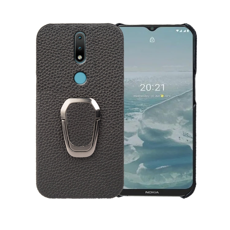 For Nokia 2.4 Ring Holder Litchi Texture Genuine Leather Phone Case