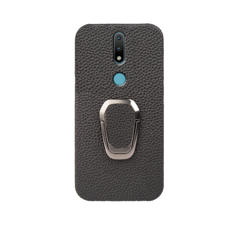 For Nokia 2.4 Ring Holder Litchi Texture Genuine Leather Phone Case