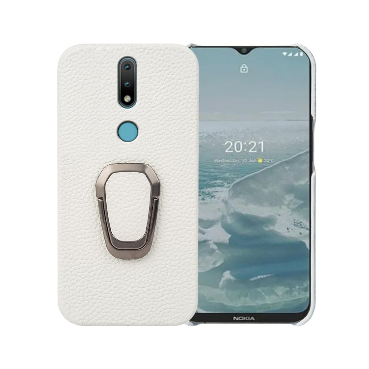 For Nokia 2.4 Ring Holder Litchi Texture Genuine Leather Phone Case