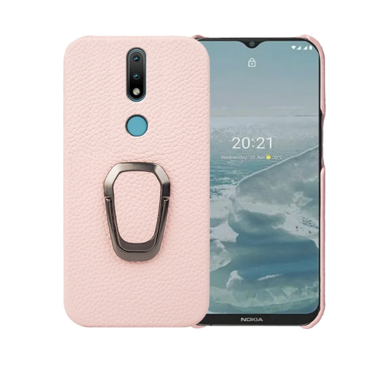 For Nokia 2.4 Ring Holder Litchi Texture Genuine Leather Phone Case