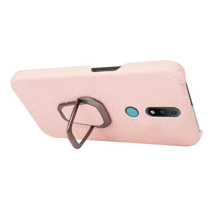 For Nokia 2.4 Ring Holder Litchi Texture Genuine Leather Phone Case