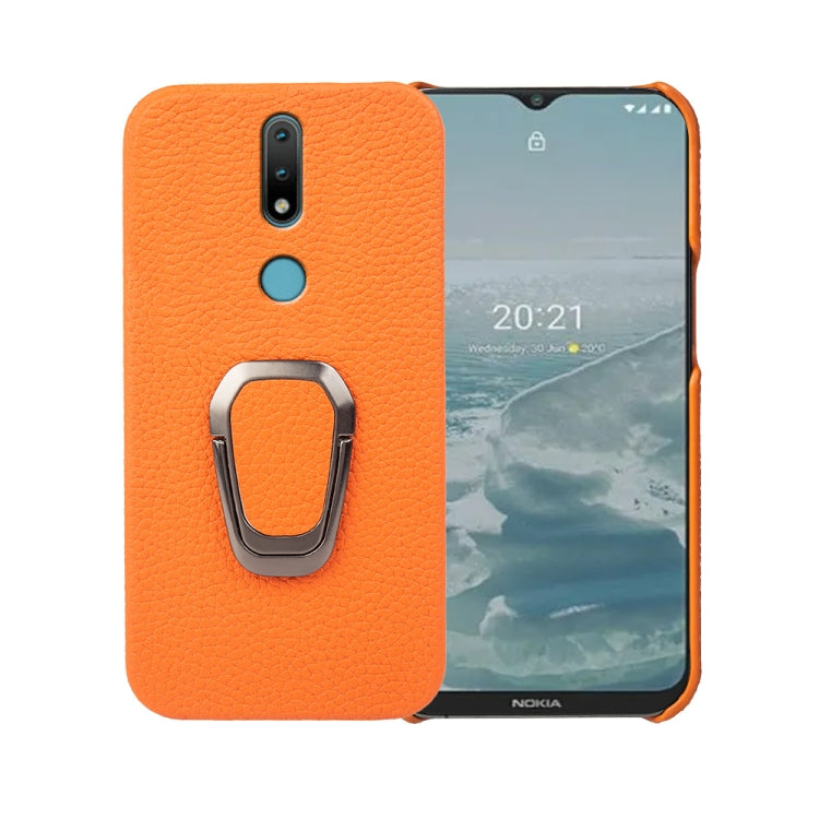 For Nokia 2.4 Ring Holder Litchi Texture Genuine Leather Phone Case