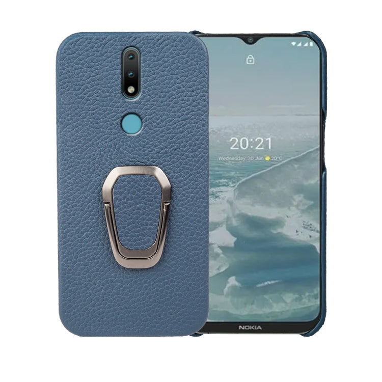 For Nokia 2.4 Ring Holder Litchi Texture Genuine Leather Phone Case