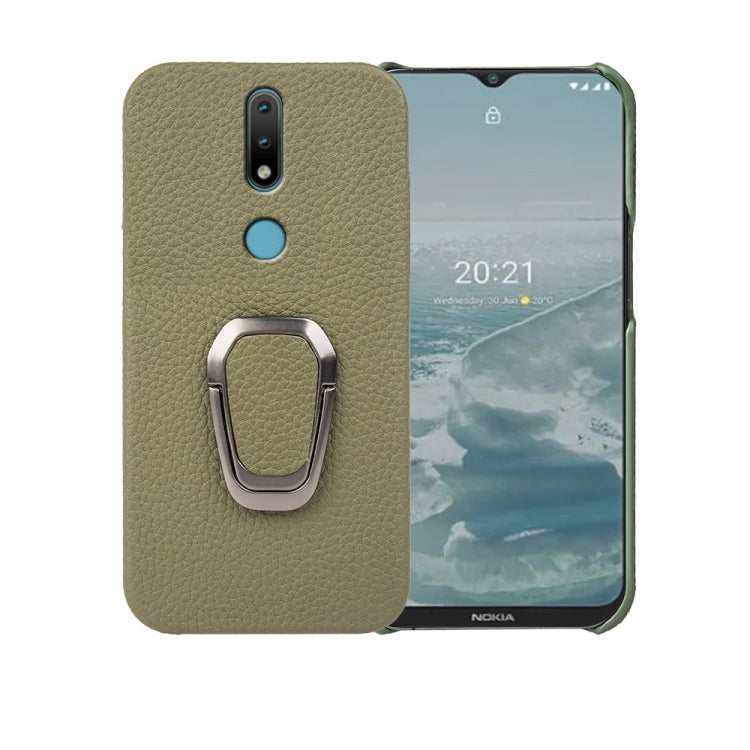For Nokia 2.4 Ring Holder Litchi Texture Genuine Leather Phone Case