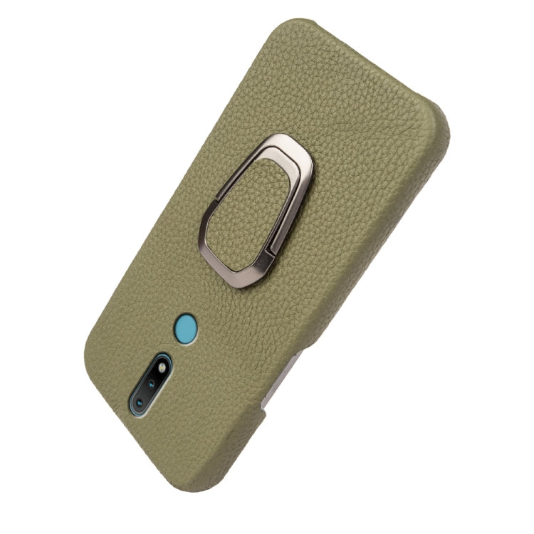 For Nokia 2.4 Ring Holder Litchi Texture Genuine Leather Phone Case