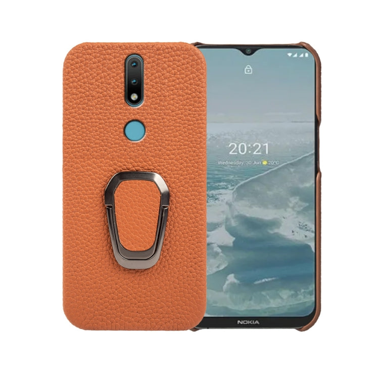 For Nokia 2.4 Ring Holder Litchi Texture Genuine Leather Phone Case