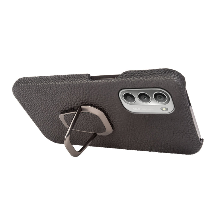 For Motorola Moto G51 5G Ring Holder Litchi Texture Genuine Leather Phone Case