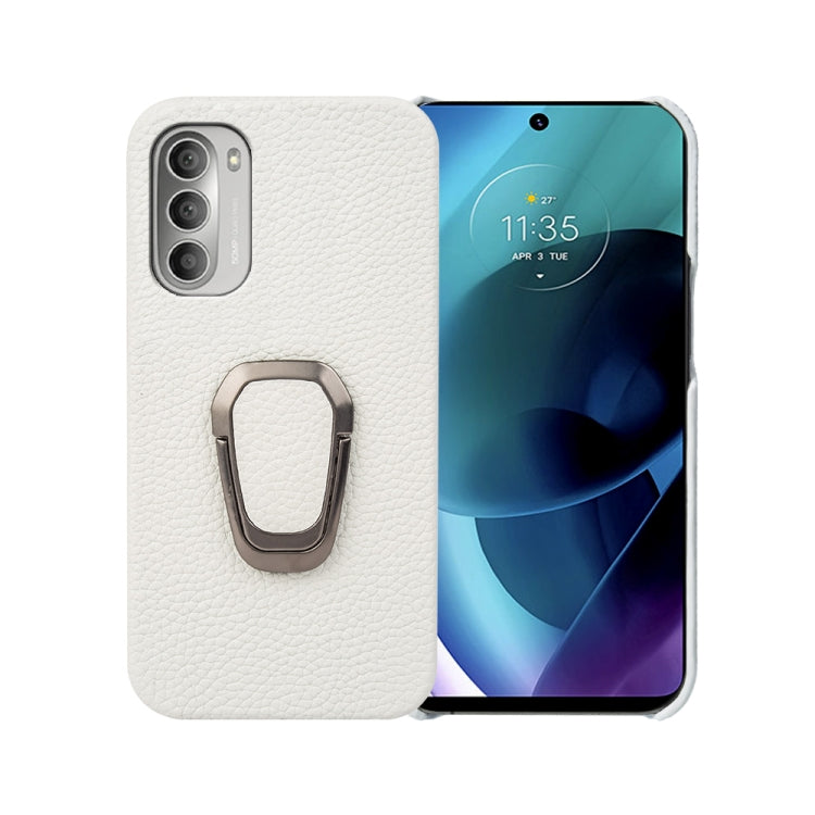 For Motorola Moto G51 5G Ring Holder Litchi Texture Genuine Leather Phone Case