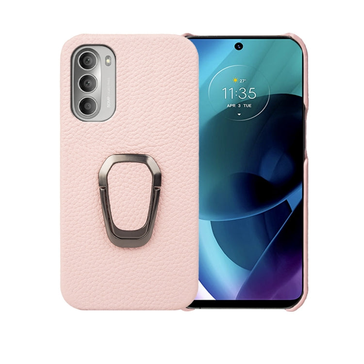 For Motorola Moto G51 5G Ring Holder Litchi Texture Genuine Leather Phone Case