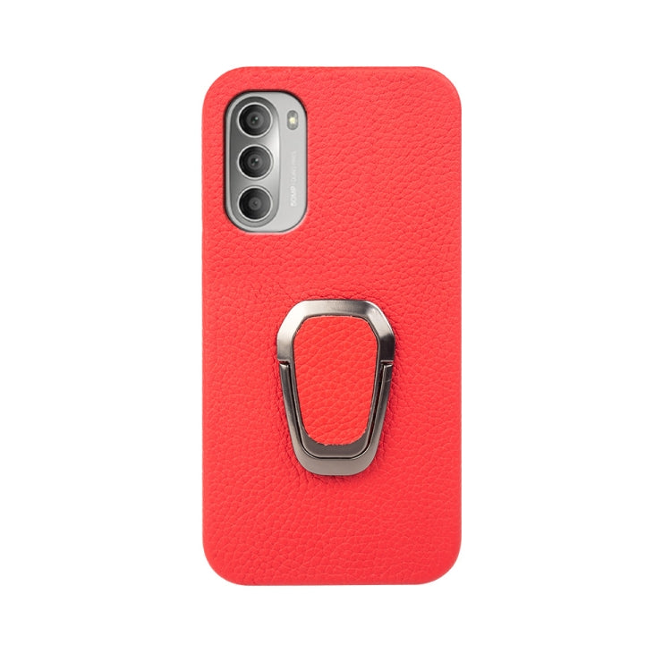 For Motorola Moto G51 5G Ring Holder Litchi Texture Genuine Leather Phone Case