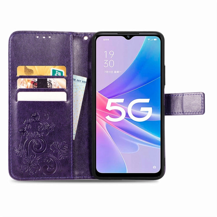 For OPPO A97 5G Four-leaf Clasp Embossed Buckle Leather Phone Case