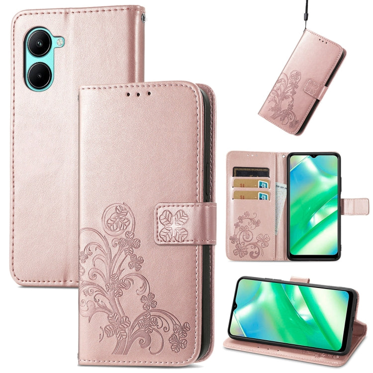 For Realme C33 Four-leaf Clasp Embossed Buckle Leather Phone Case
