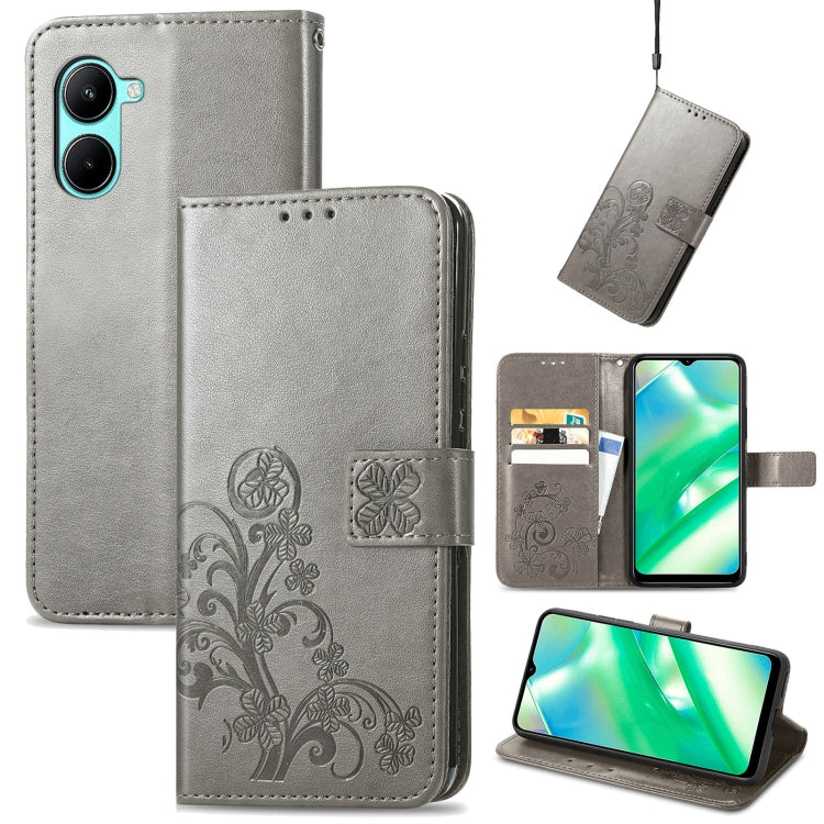 For Realme C33 Four-leaf Clasp Embossed Buckle Leather Phone Case