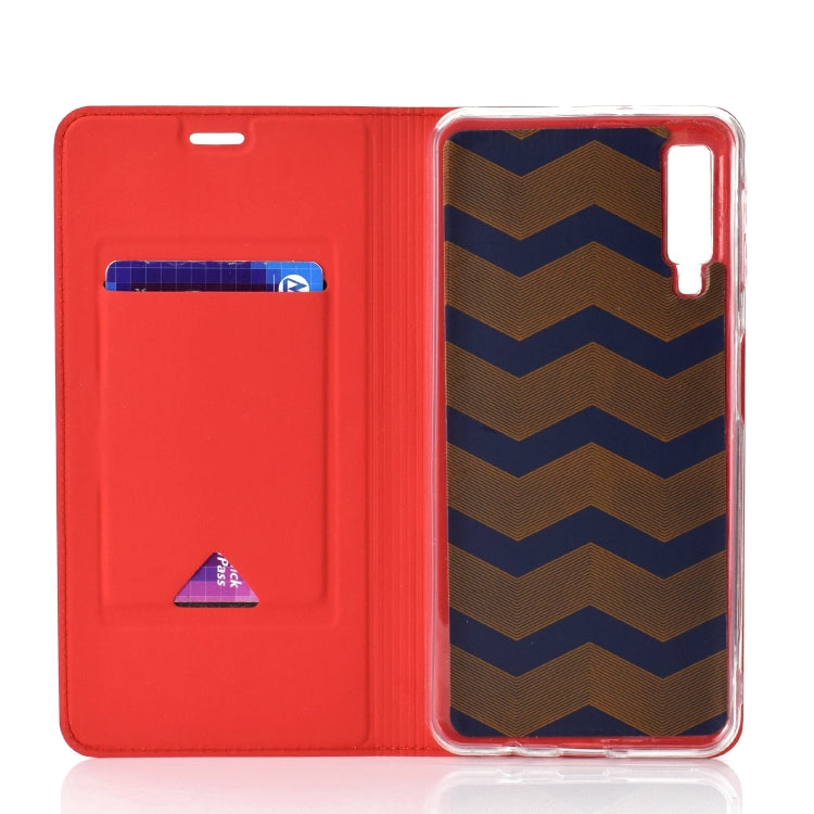 Electric Pressed Plain Texture Ultra-thin Magnetic Suction TPU + PU Leather Case with Holder & Card Slot for Galaxy A50