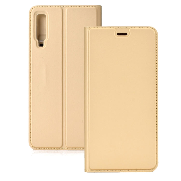 Electric Pressed Plain Texture Ultra-thin Magnetic Suction TPU + PU Leather Case with Holder & Card Slot for Galaxy A50