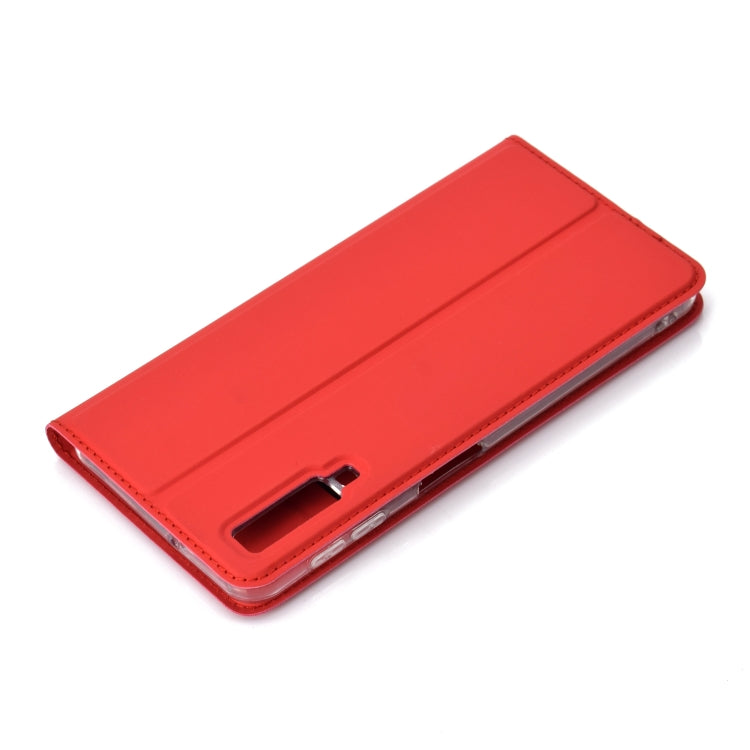 Electric Pressed Plain Texture Ultra-thin Magnetic Suction TPU + PU Leather Case with Holder & Card Slot for Galaxy A50
