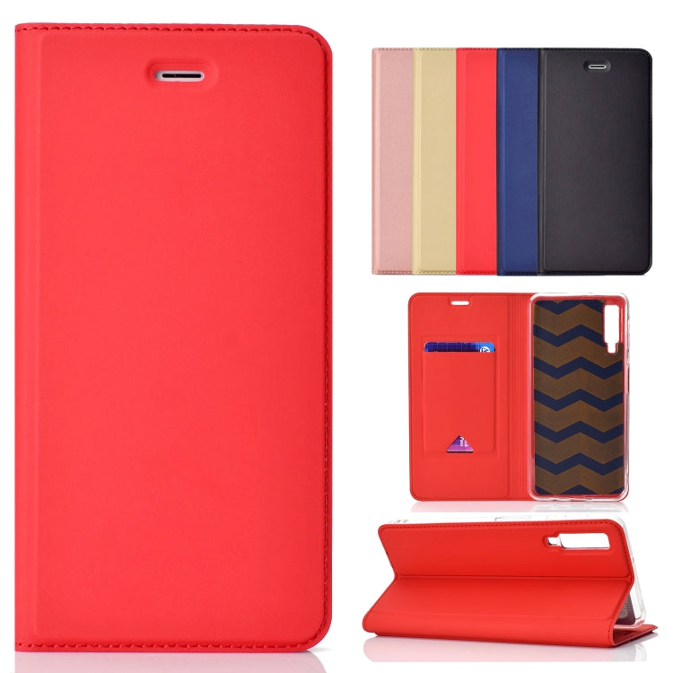 Electric Pressed Plain Texture Ultra-thin Magnetic Suction TPU + PU Leather Case with Holder & Card Slot for Galaxy A50