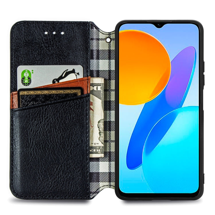 For Honor X8 5G Cubic Grid Pressed Magnetic Leather Phone Case