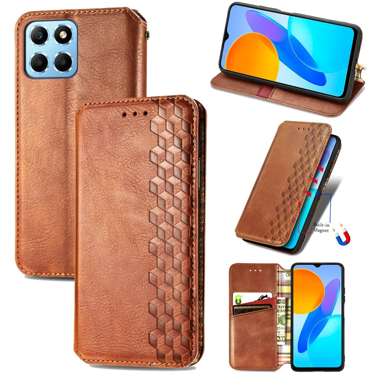 For Honor X8 5G Cubic Grid Pressed Magnetic Leather Phone Case