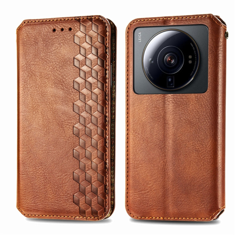 For Xiaomi 12S Ultra Cubic Grid Pressed Magnetic Leather Phone Case