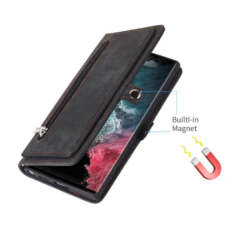 For Samsung Galaxy S22 Ultra 5G Zipper Card Slot Buckle Wallet Leather Phone Case
