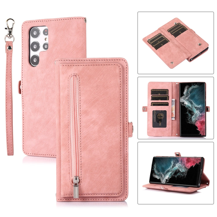 For Samsung Galaxy S22 Ultra 5G Zipper Card Slot Buckle Wallet Leather Phone Case