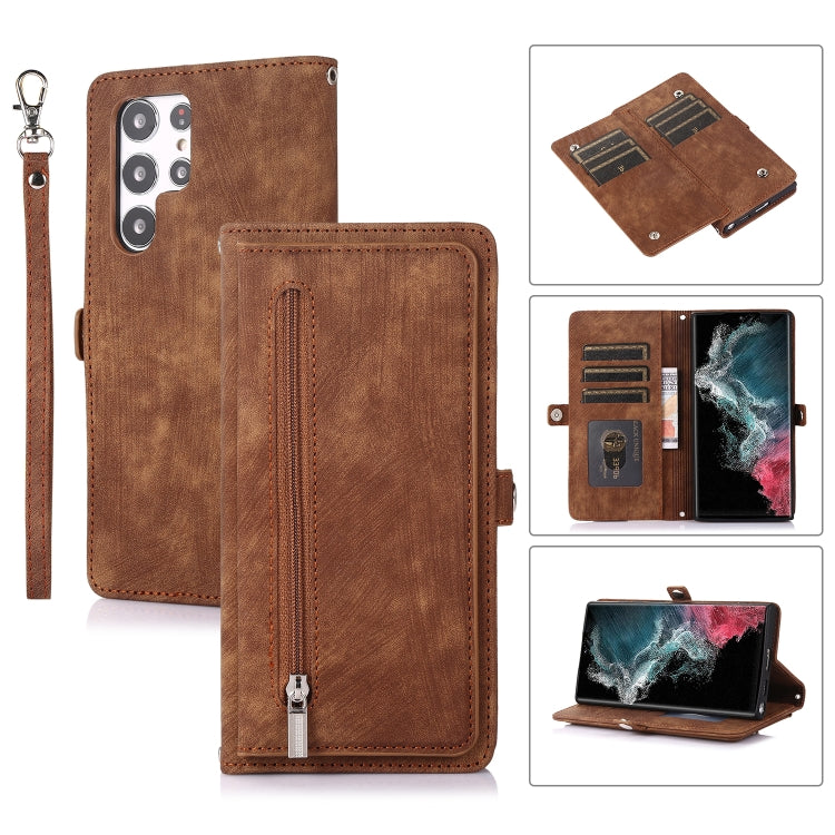 For Samsung Galaxy S22 Ultra 5G Zipper Card Slot Buckle Wallet Leather Phone Case