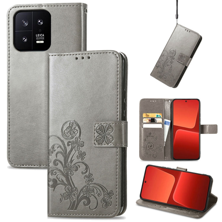 For Xiaomi 13 Four-leaf Clasp Embossed Buckle Leather Phone Case
