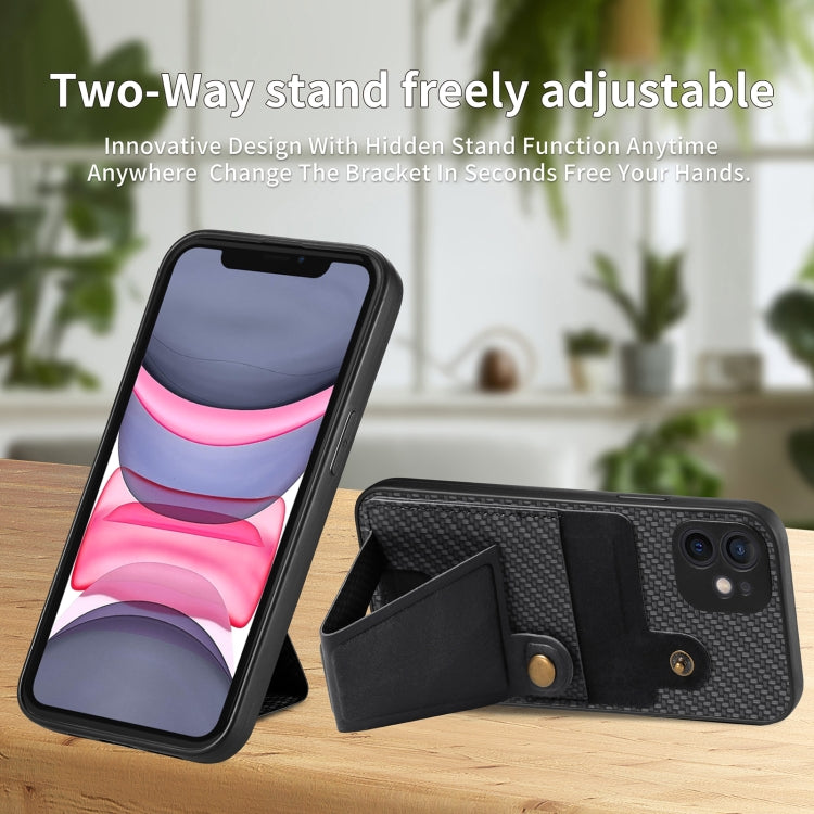 For iPhone 11 Carbon Fiber Wallet Flip Card K-shaped Holder Phone Case