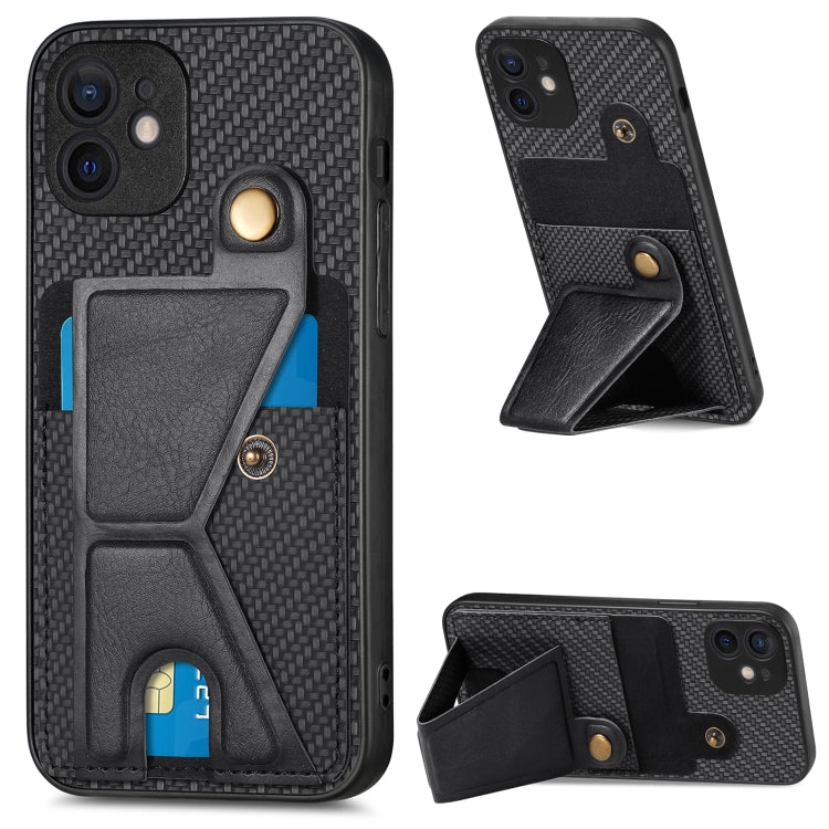 For iPhone 12 mini Carbon Fiber Wallet Flip Card K-shaped Holder Phone Case