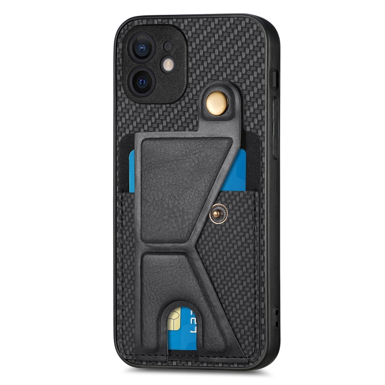 For iPhone 12 Carbon Fiber Wallet Flip Card K-shaped Holder Phone Case