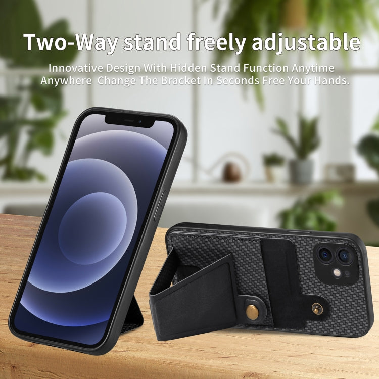 For iPhone 12 Carbon Fiber Wallet Flip Card K-shaped Holder Phone Case