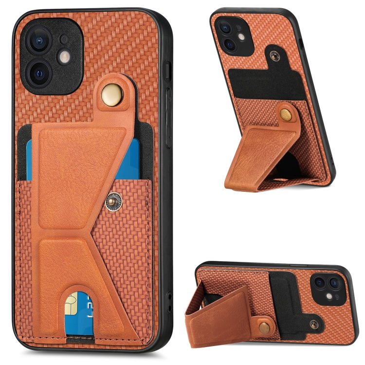 For iPhone 12 Carbon Fiber Wallet Flip Card K-shaped Holder Phone Case