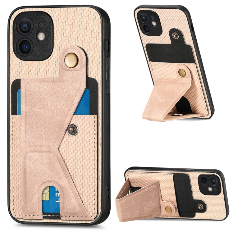 For iPhone 12 Carbon Fiber Wallet Flip Card K-shaped Holder Phone Case