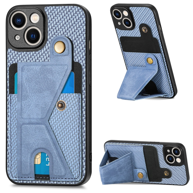 For iPhone 13 Carbon Fiber Wallet Flip Card K-shaped Holder Phone Case