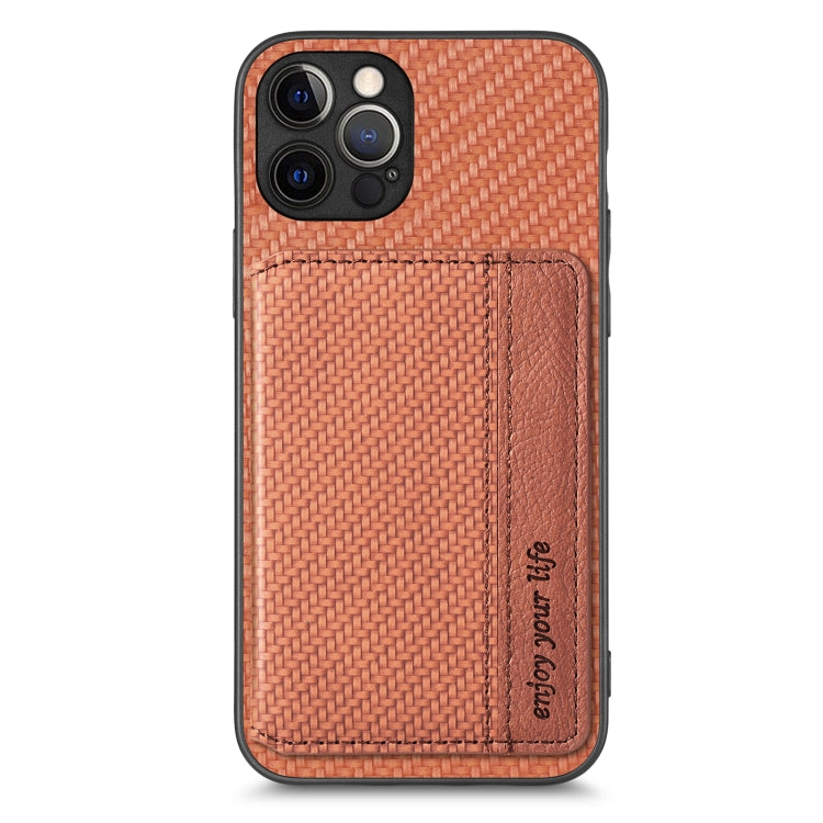 For iPhone 12 Pro Max Carbon Fiber Magnetic Card Bag Phone Case
