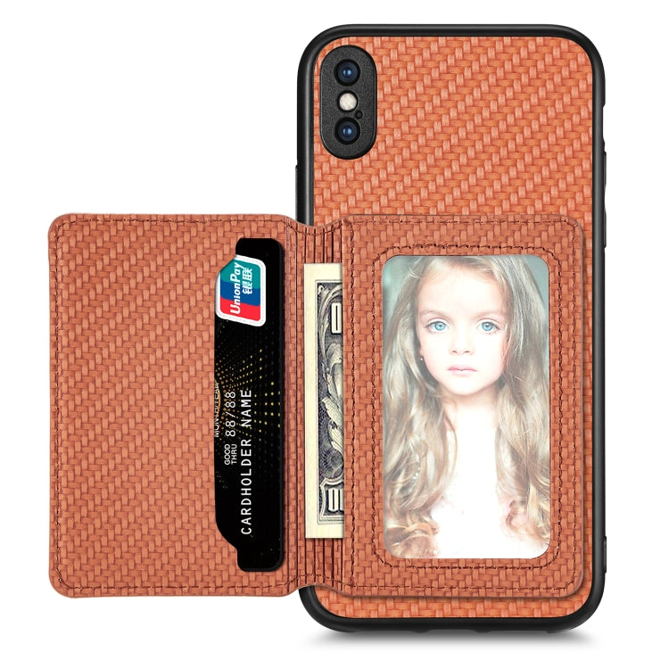 For iPhone X / XS Carbon Fiber Magnetic Card Bag Phone Case