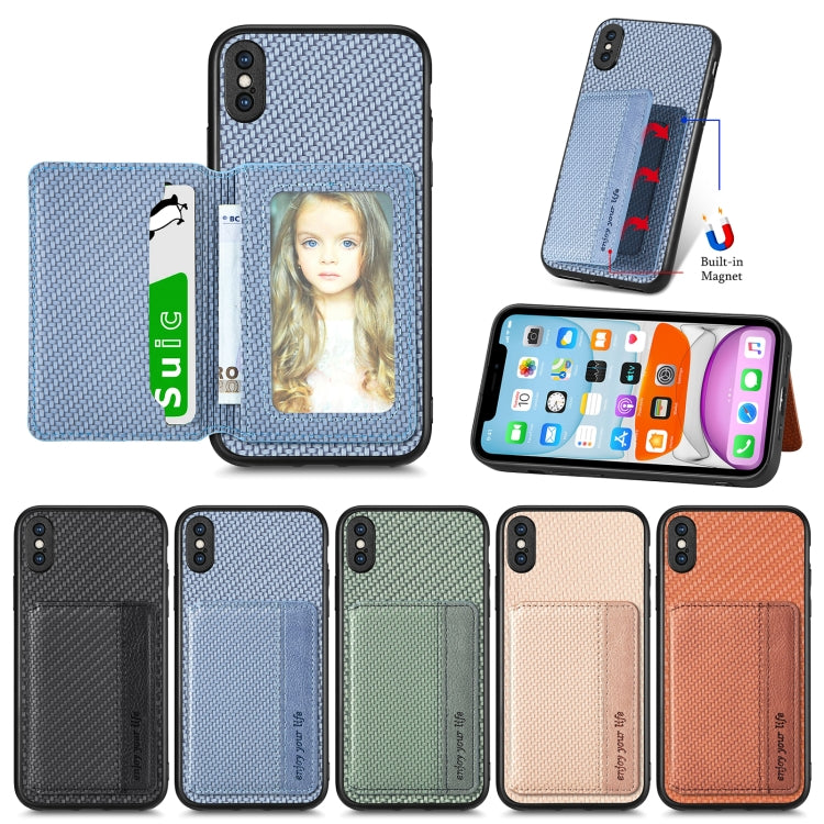 For iPhone X / XS Carbon Fiber Magnetic Card Bag Phone Case