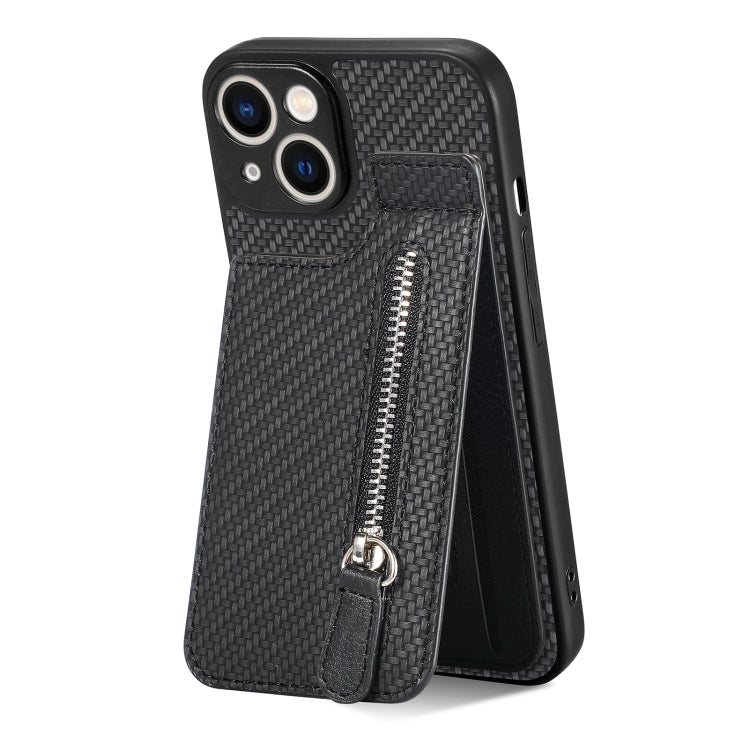 For iPhone 13 Carbon Fiber Vertical Flip Zipper Phone Case
